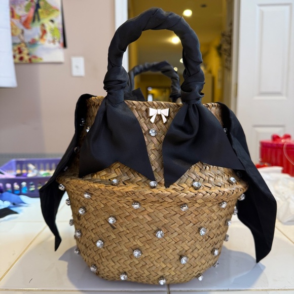 Unique straw handbag with rhinestones and black lining and ribbon - Picture 3 of 5